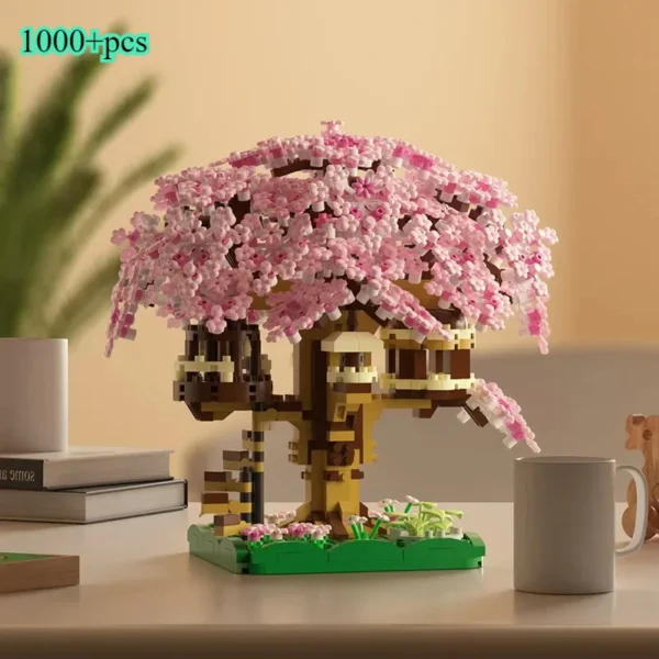 Bloques de construcción modelo clásico ladrillos juguetes para niños DIY púrpura romántico flor de cerezo rosa árbol casa tren montaje - Imagen 9