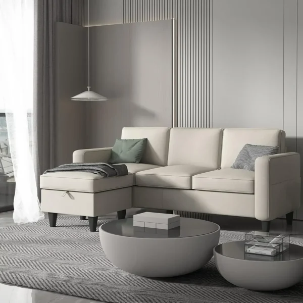 Juego de muebles de sofá de 3 asientos de tela de lino moderno seccional convertible en forma de L con otomana de almacenamiento - Imagen 8