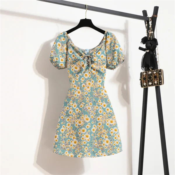 Minivestidos de mujer, moda de verano, Vestidos femeninos con estampado Floral, Vestidos de gasa fruncidos, plisado, manga corta acampanada, vestido informal - Imagen 7