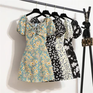 Minivestidos de mujer, moda de verano, Vestidos femeninos con estampado Floral, Vestidos de gasa fruncidos, plisado, manga corta acampanada, vestido informal