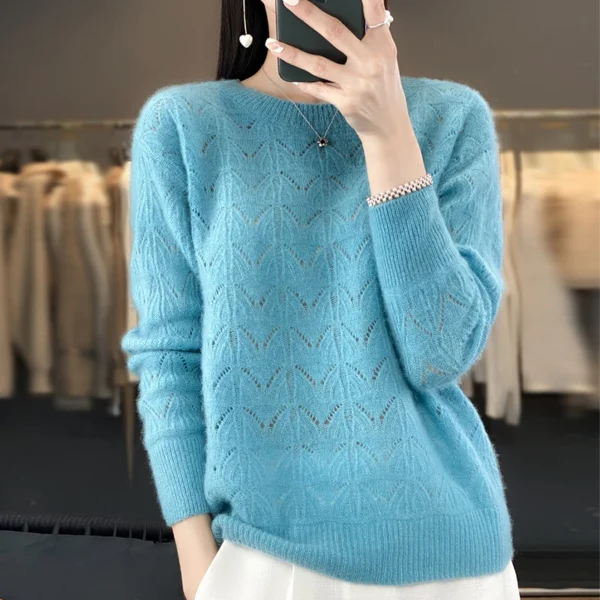 Suéter de punto nuevo para mujer, Top calado, 100% de lana merina, jersey con cuello redondo, suéter de Cachemira, primavera y otoño - Imagen 9