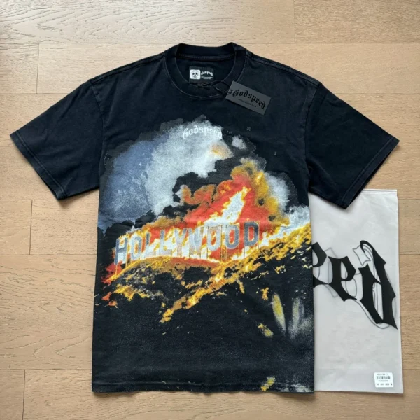 Camiseta hombres mujeres High Street Fire impreso cuello redondo manga corta pareja suelta Casual Top camiseta Foto Real Godspeed - Imagen 13