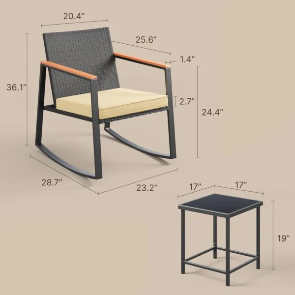 Juego de bistró mecedora para Patio de 3 piezas con reposabrazos antiescaldaduras, juego de muebles de mimbre para Patio exterior con mesa de cristal y cojín - Imagen 4