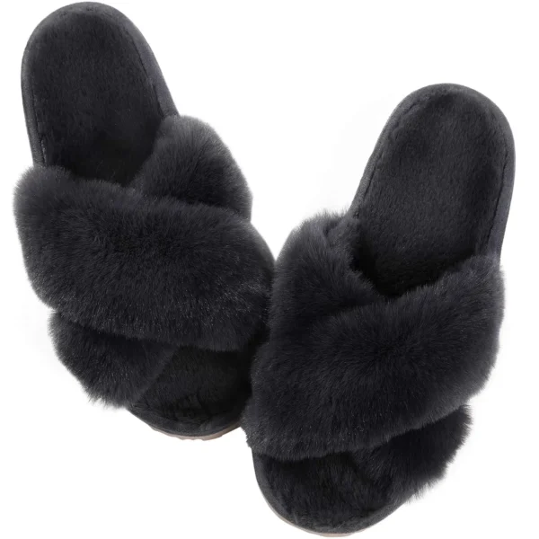 Zapatillas de casa peludas a la moda, chanclas de piel esponjosa para mujer, zapatillas planas peludas para dormitorio, zapatos de interior con banda cruzada de suela gruesa - Imagen 18