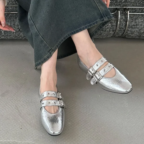 Calzado femenino con punta redonda, zapatos planos de lujo para mujer, zapatos Mary Jane, zapatos planos de Ballet con hebilla a la moda poco profundos para mujer - Imagen 5