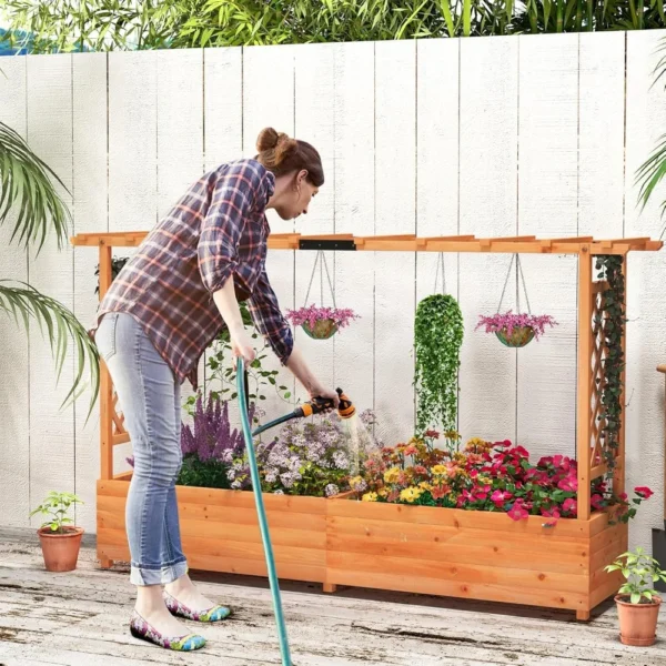 Cama de jardín elevada con enrejado y techo colgante, fiorrera de madera con parte inferior y orificios de drenaje, plano de jardín independiente - Imagen 4