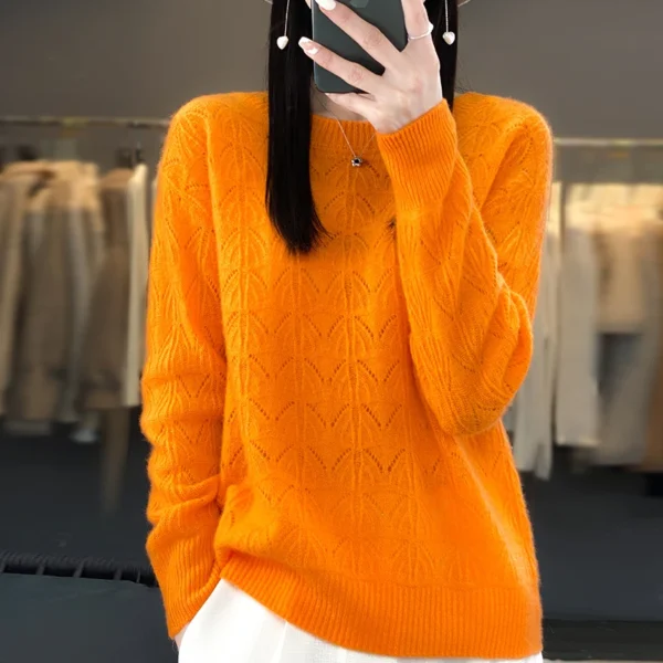 Suéter de punto nuevo para mujer, Top calado, 100% de lana merina, jersey con cuello redondo, suéter de Cachemira, primavera y otoño - Imagen 11