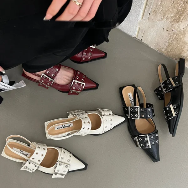 Zapatos planos para mujer, zapatos con talón descubierto a la moda con punta estrecha, zapatos Lolita para mujer, sandalias de lujo con hebilla para exteriores para mujer Mary Janes 2025 - Imagen 2