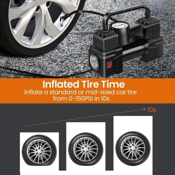 Compresor de aire portátil de servicio de 150PSI, inflador de neumáticos de coche, bomba eléctrica, bomba inflable, neumáticos universales para motocicleta y coche de todos los tamaños - Imagen 6