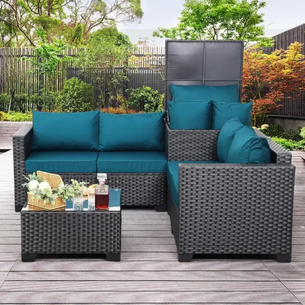 Juego de muebles de Patio de mimbre PE para exteriores, sofá seccional de ratán negro de 4 piezas, sofá de dos plazas, conjunto de conversación con caja de almacenamiento - Imagen 2