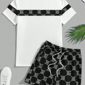 Traje de hombre retro con letras impresas con cuello redondo, Camiseta corta, traje cómodo y transpirable, traje de dos piezas para hombre