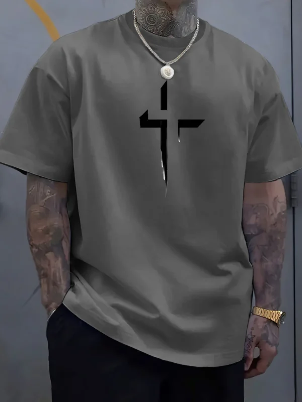 Camiseta de manga corta con cuello redondo para hombre, 100% de algodón puro, informal, holgada, de talla grande, con estampado creativo cruzado, deportiva, cómoda, de verano - Imagen 6