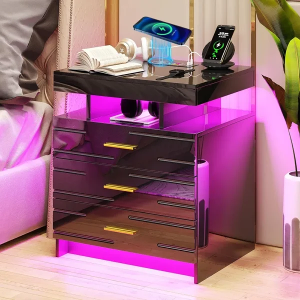 Mesita de noche con luces automáticas, mesitas de noche de alto brillo con estación de carga inalámbrica, mesita de noche con 3 cajones