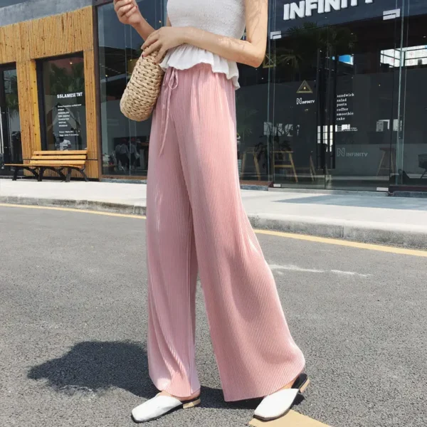 Pantalones de pierna ancha para mujer, pantalón plisado de seda de hielo, cintura elástica, holgado, informal, moda de verano - Imagen 3