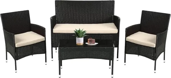 Juego de muebles de patio, 4 piezas, silla de ratán para exteriores, sofá de mimbre, juegos de bistró para conversación de jardín, patio, piscina o patio trasero - Imagen 8