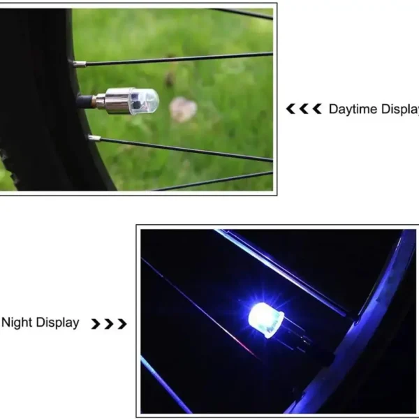 Luces LED de Flash para rueda de coche, tapas de válvula de boquilla de neumático, luminosa Lámpara decorativa de advertencia, accesorios para rueda de motocicleta y bicicleta, 2 piezas - Imagen 4