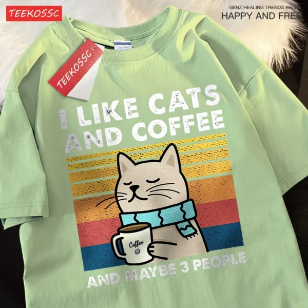 Camiseta I Like Cats And Coffee para hombre y mujer, Camiseta de algodón, ropa holgada de Hip Hop, camiseta de cuello redondo a la moda, ropa de calle para parejas - Imagen 11