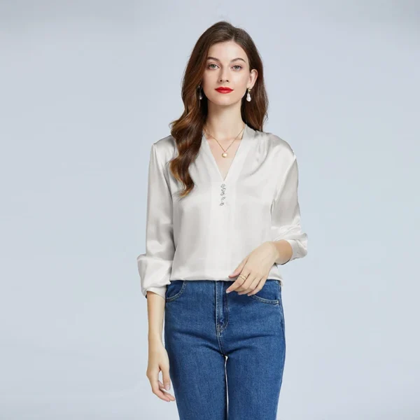 Camisas 100% de seda para mujer, blusas de diseñador, ropa de lujo para mujer, blusa con manga acampanada y cuello en V con botones de diamantes para mujer - Imagen 8