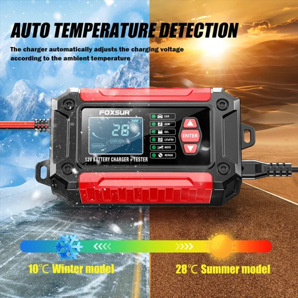 Cargador y probador de batería de coche 2 en 1, 12V, 6A, pantalla LCD de 1,9 ", mantenimiento de batería inteligente de plomo y ácido AGM LiFePO4 para motocicleta y camión - Imagen 5