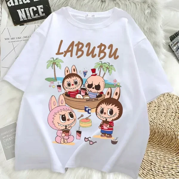 Camisetas Pop Mart Labubu para mujer, moda de Anime, Top de manga corta, camiseta blanca y negra de Hip Hop de verano, ropa de alta calidad - Imagen 2