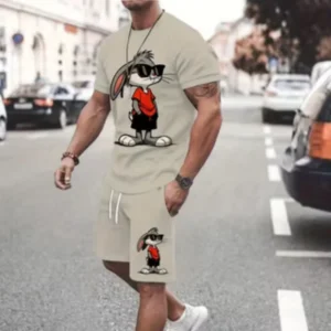 Traje de moda de verano para hombre, conjunto de pantalones cortos de playa informales, camiseta de manga corta a rayas con estampado 3D, trajes de 2 piezas con cuello redondo, ropa para hombre