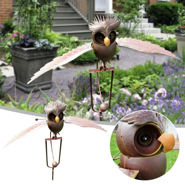 Decoración al aire libre  Flapping Metal Marrón Gris Búho Patio Estaca Mecedora Viento Mechero Jardín Arte Jardín саtisteвые фиumurры дя са Б 1 Uds - Imagen 2