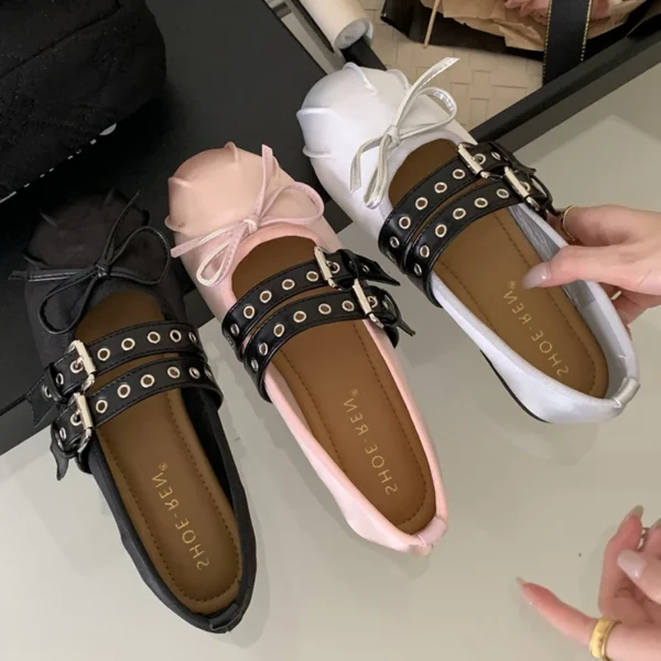 Zapatos de baile Lolita para mujer, bailarinas, calzado de diseñador, hebilla con nudo de mariposa, zapatos de punta redonda de seda a la moda para mujer - Imagen 2