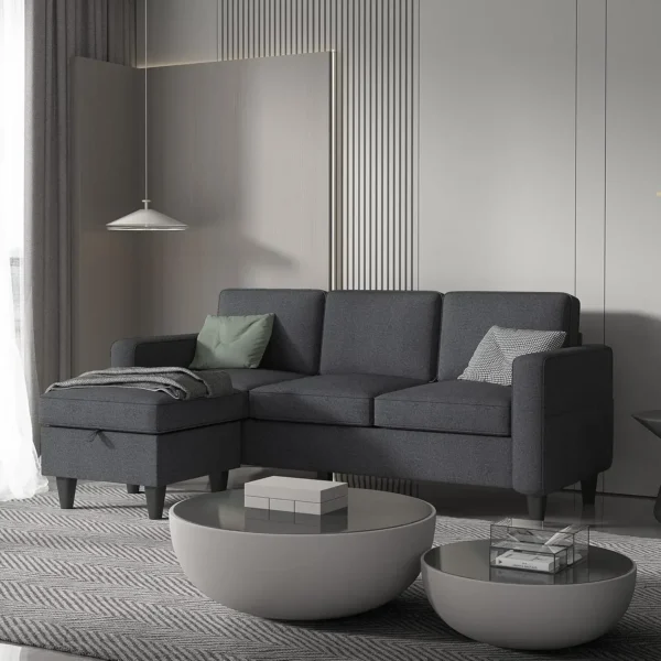 Juego de muebles de sofá de 3 asientos de tela de lino moderno seccional convertible en forma de L con otomana de almacenamiento - Imagen 9
