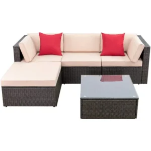 Juego de muebles de Patio de 5 piezas, sofá seccional para Patio exterior para todo tipo de clima, sofás para asientos de Patio de mimbre tejido Manual