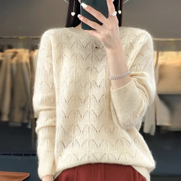 Suéter de punto nuevo para mujer, Top calado, 100% de lana merina, jersey con cuello redondo, suéter de Cachemira, primavera y otoño - Imagen 8