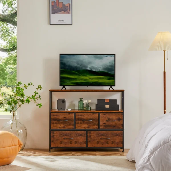 Chimenea soporte de TV tocador para dormitorio con 5 cajones de tela armario de almacenamiento pecho almacenamiento de ropa mueble de vitrina - Imagen 10