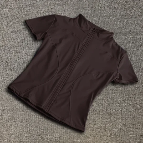 Tops de entrenamiento adelgazantes de cintura de alta calidad para mujer, camisas de Yoga de manga corta con cuello levantado ajustado de secado rápido y cremallera completa, verano - Imagen 2
