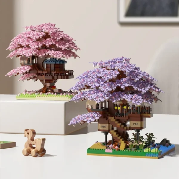 Bloques de construcción modelo clásico ladrillos juguetes para niños DIY púrpura romántico flor de cerezo rosa árbol casa tren montaje - Imagen 4
