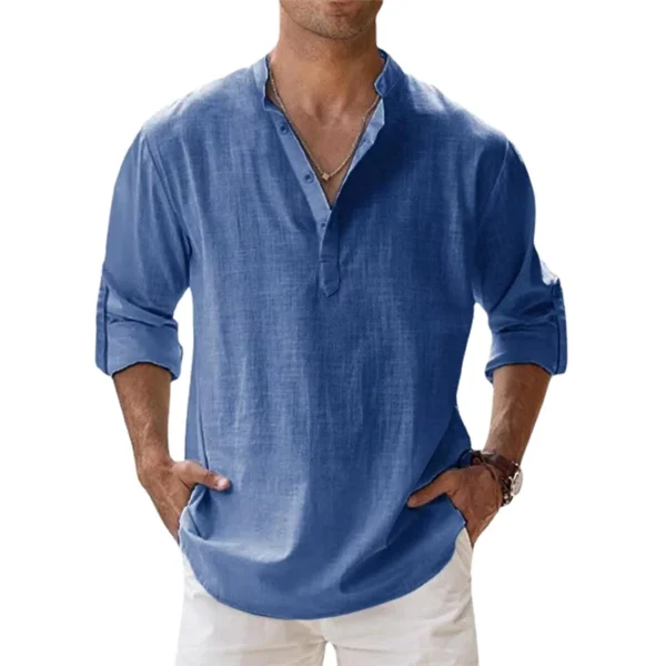 Camisas de lino y algodón para hombres, camisas casuales, camisas ligeras de manga larga Henley Beach, camisetas hawaianas para hombres - Imagen 4