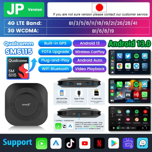 Tv Box Carplay Android Carlinkit Android 13 Auto 8 Core cableado a adaptador inalámbrico para Netflix Spotify Youtube accesorios de coche - Imagen 7