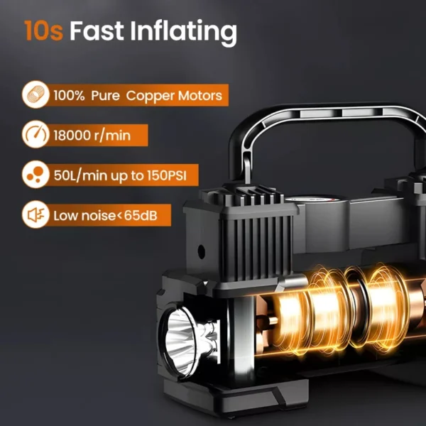 Compresor de aire portátil de servicio de 150PSI, inflador de neumáticos de coche, bomba eléctrica, bomba inflable, neumáticos universales para motocicleta y coche de todos los tamaños - Imagen 4