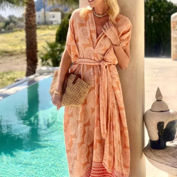 Vestido largo bohemio suelto para mujer con cuello en V manga corta estampado con fajas vestido de playa vestidos de fiesta Verano 2025 ropa de mujer - Imagen 2