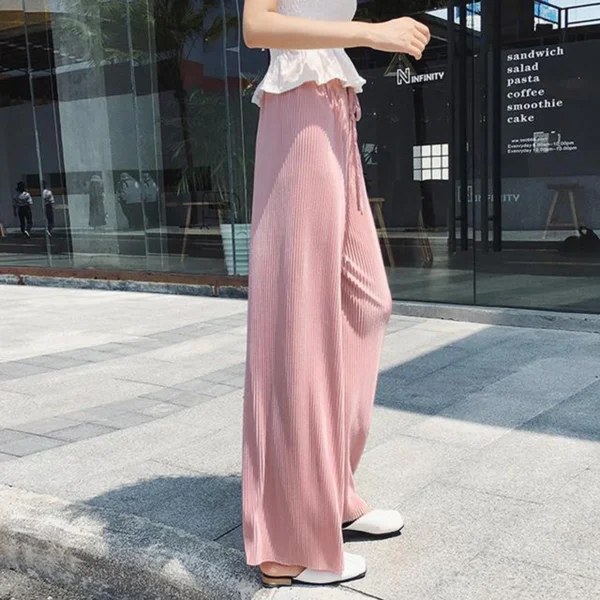 Pantalones de pierna ancha para mujer, pantalón plisado de seda de hielo, cintura elástica, holgado, informal, moda de verano - Imagen 9