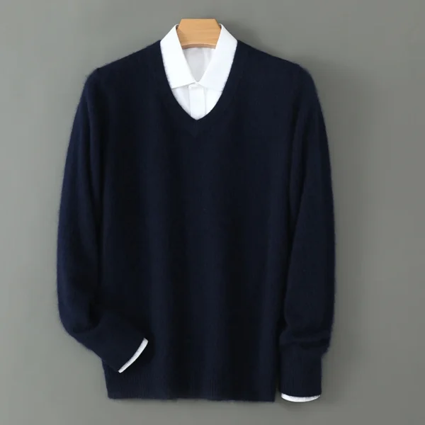 Suéter con cuello en V suéter de cachemira de visón para hombre prendas de punto sólidas informales ropa holgada de talla grande para hombre marca de alta gama - Imagen 12