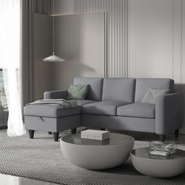 Juego de muebles de sofá de 3 asientos de tela de lino moderno seccional convertible en forma de L con otomana de almacenamiento - Imagen 7