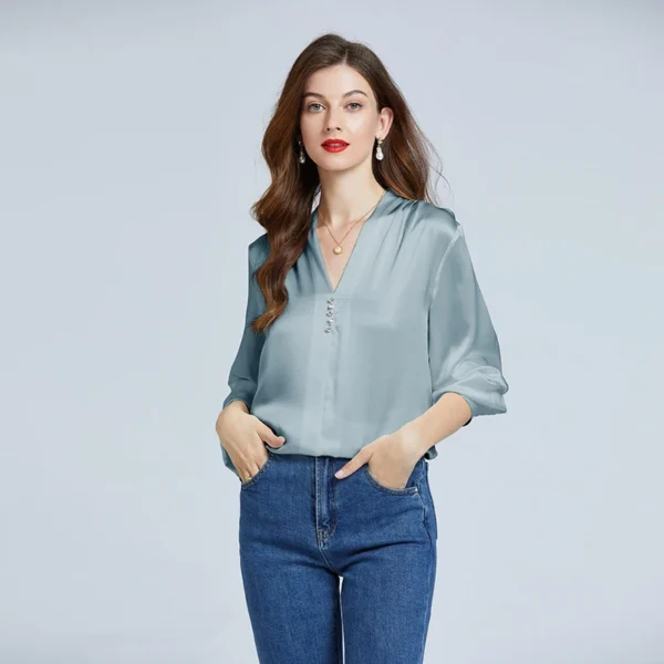 Camisas 100% de seda para mujer, blusas de diseñador, ropa de lujo para mujer, blusa con manga acampanada y cuello en V con botones de diamantes para mujer - Imagen 10