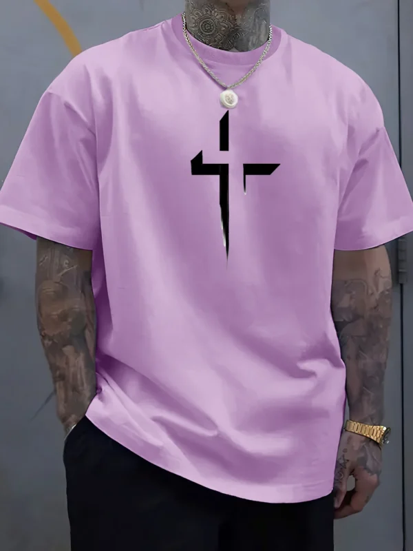 Camiseta de manga corta con cuello redondo para hombre, 100% de algodón puro, informal, holgada, de talla grande, con estampado creativo cruzado, deportiva, cómoda, de verano - Imagen 2