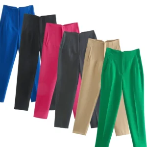 Pantalones rectos a la moda para mujer, pantalones con cremallera frontal de cintura alta, pantalones Vintage de longitud completa para mujer elegante
