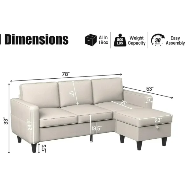 Juego de muebles de sofá de 3 asientos de tela de lino moderno seccional convertible en forma de L con otomana de almacenamiento - Imagen 2