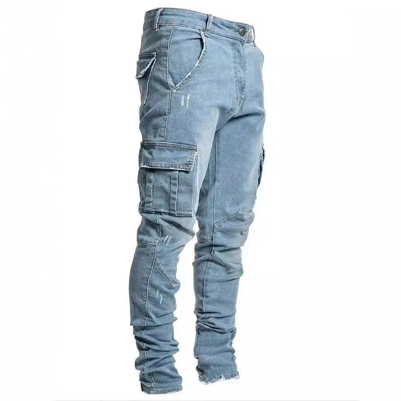 Pantalones vaqueros elásticos de calle para hombre, pantalones Cargo con múltiples bolsillos de Color sólido, pantalones informales ajustados para uso diario, pantalones para correr de cintura media - Imagen 3