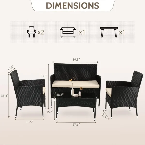 Juego de muebles de patio, 4 piezas, silla de ratán para exteriores, sofá de mimbre, juegos de bistró para conversación de jardín, patio, piscina o patio trasero - Imagen 4