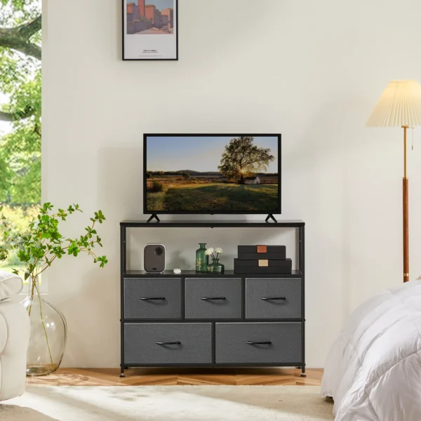 Chimenea soporte de TV tocador para dormitorio con 5 cajones de tela armario de almacenamiento pecho almacenamiento de ropa mueble de vitrina - Imagen 7