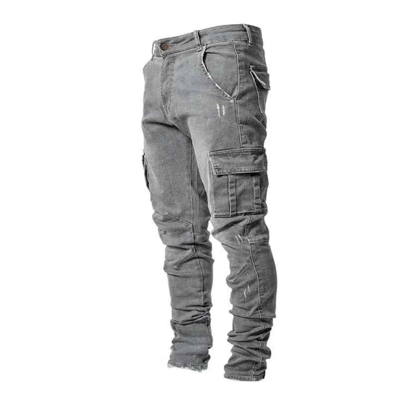 Pantalones vaqueros elásticos de calle para hombre, pantalones Cargo con múltiples bolsillos de Color sólido, pantalones informales ajustados para uso diario, pantalones para correr de cintura media - Imagen 7
