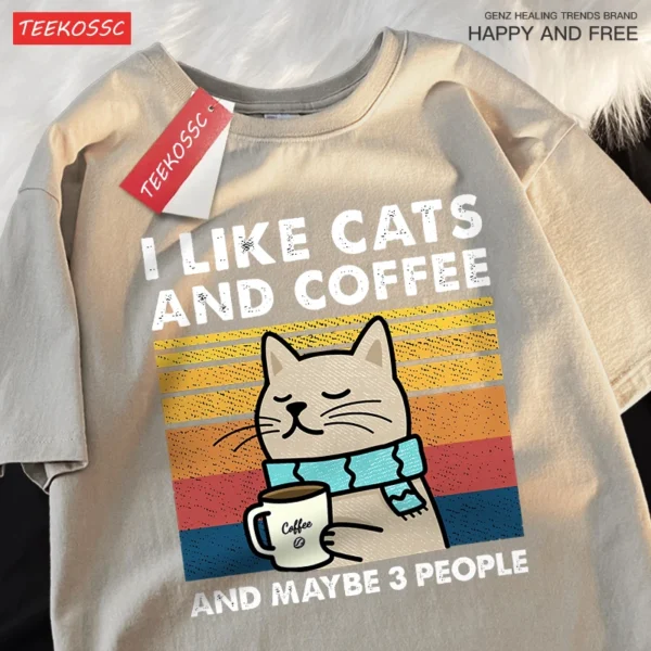 Camiseta I Like Cats And Coffee para hombre y mujer, Camiseta de algodón, ropa holgada de Hip Hop, camiseta de cuello redondo a la moda, ropa de calle para parejas - Imagen 9