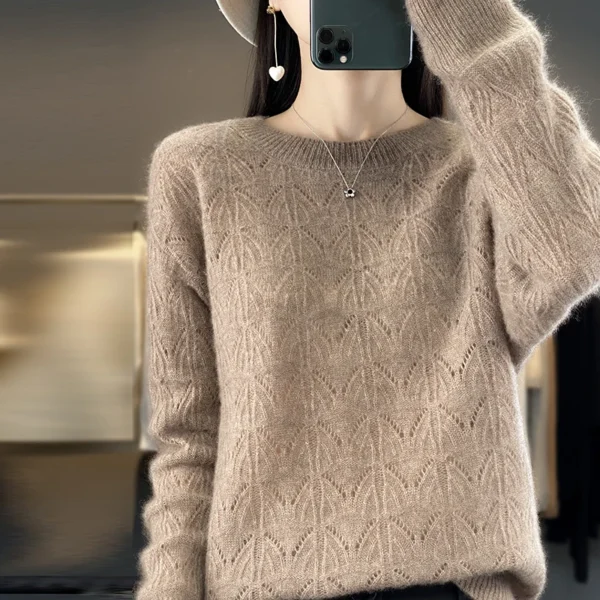 Suéter de punto nuevo para mujer, Top calado, 100% de lana merina, jersey con cuello redondo, suéter de Cachemira, primavera y otoño - Imagen 5
